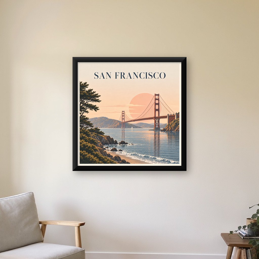San Francisco Golden Gate Köprüsü Manzaralı Poster — Kare baskı, çerçeveli hâliyle bir ev duvarında