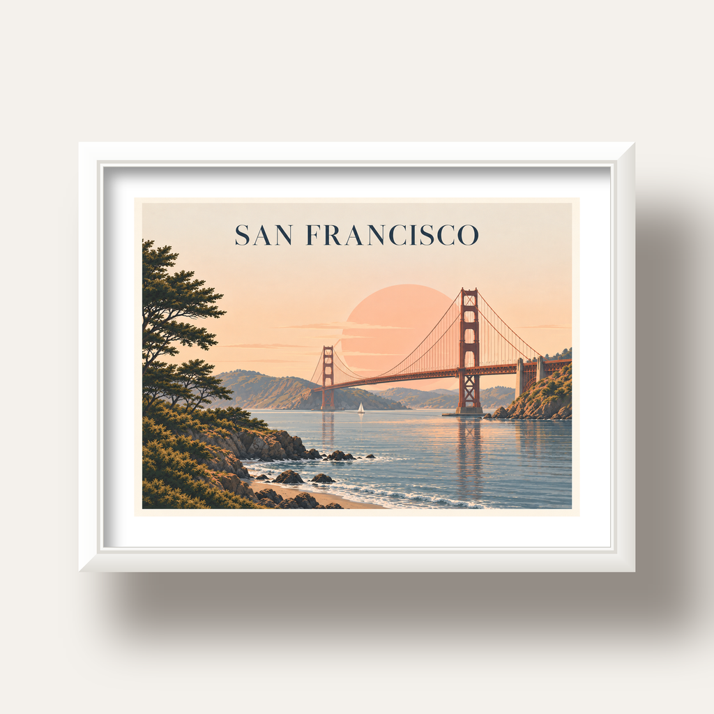 San Francisco Golden Gate Köprüsü Manzaralı Poster — beyaz derin çerçeveli paspartulu
