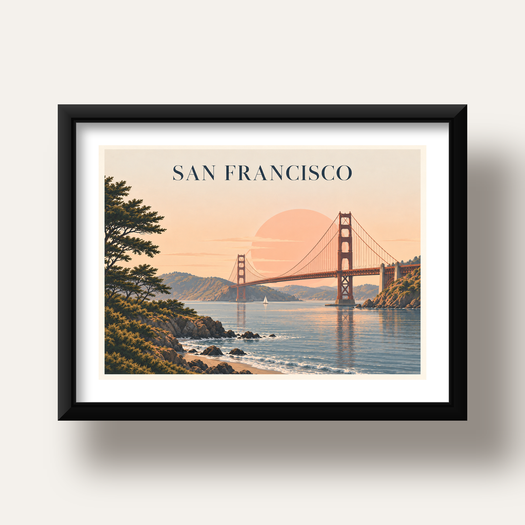 San Francisco Golden Gate Köprüsü Manzaralı Poster — siyah derin çerçeveli paspartulu