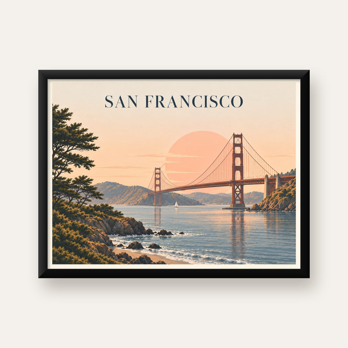 San Francisco Golden Gate Köprüsü Manzaralı Poster — Yatay baskı, düz siyah çerçeveli duvar posteri