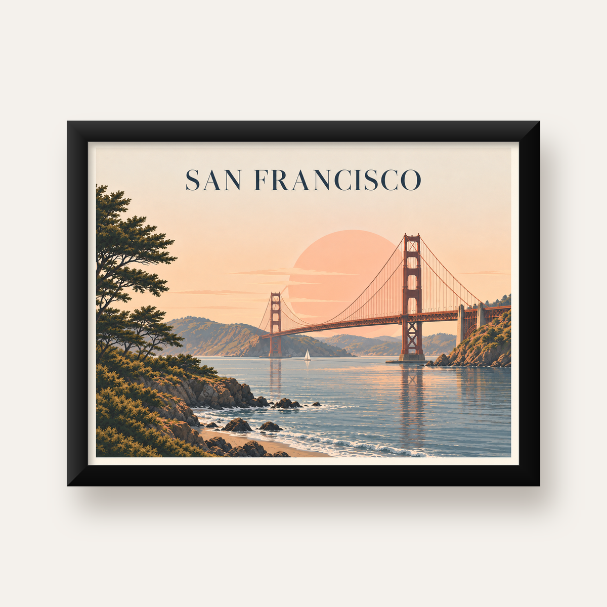 San Francisco Golden Gate Köprüsü Manzaralı Poster — Yatay baskı, düz siyah çerçeveli duvar posteri