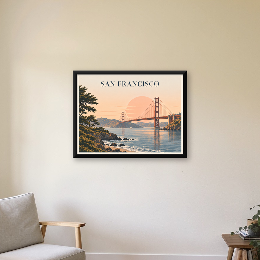 San Francisco Golden Gate Köprüsü Manzaralı Poster — Yatay baskı, çerçeveli hâliyle bir ev duvarında