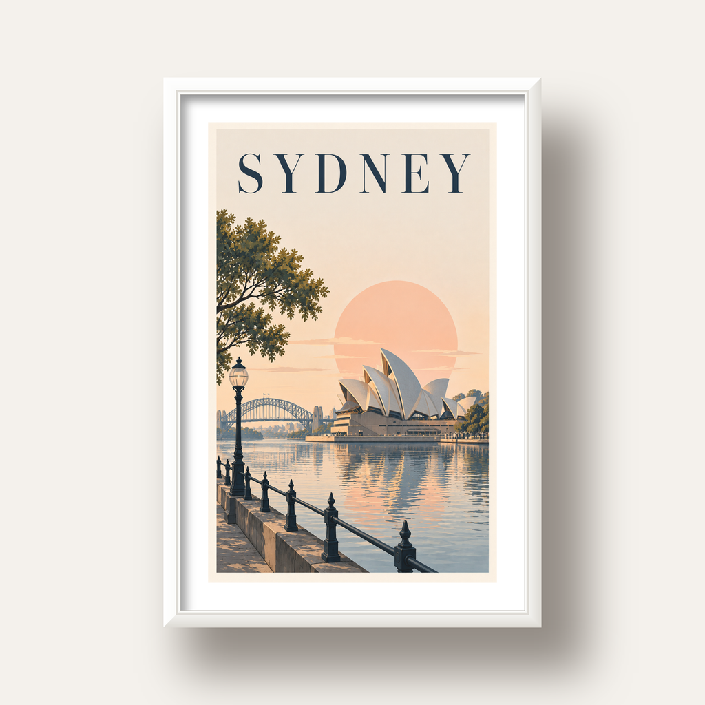 Sydney Şehir Manzarası Retro Pastel Poster Baskı — beyaz derin çerçeveli paspartulu