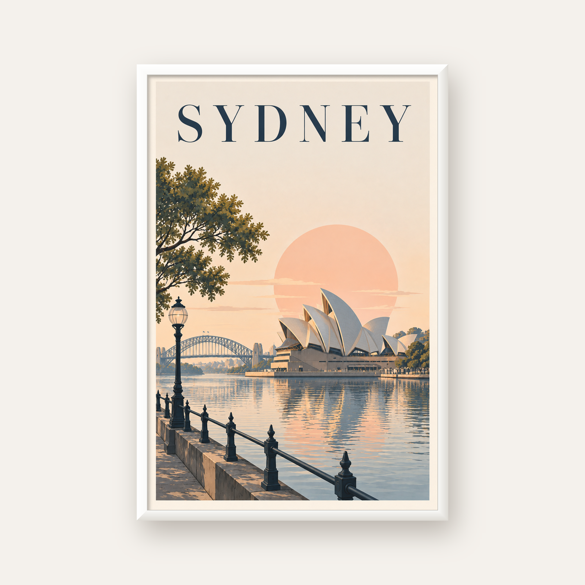 Sydney Şehir Manzarası Retro Pastel Poster Baskı — beyaz çerçeveli dikey poster
