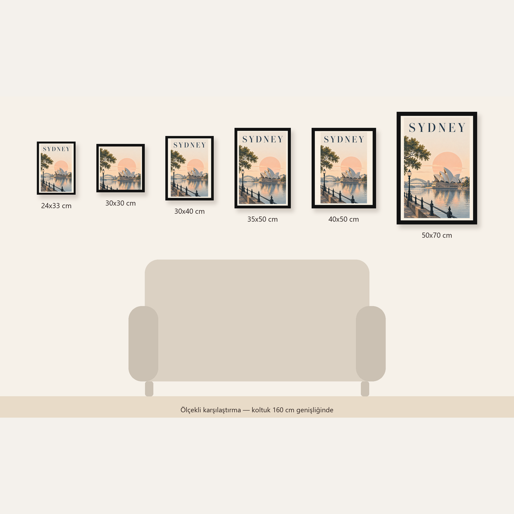 Sydney Şehir Manzarası Retro Pastel Poster Baskı — Dikey ölçülerinin karşılaştırması