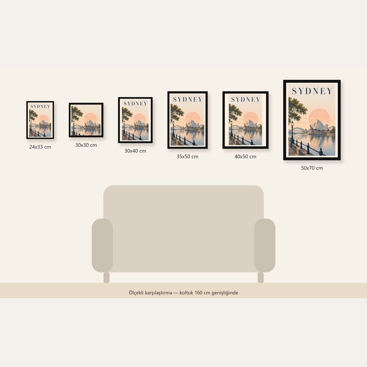 Sydney Şehir Manzarası Retro Pastel Poster Baskı — Dikey ölçülerinin karşılaştırması