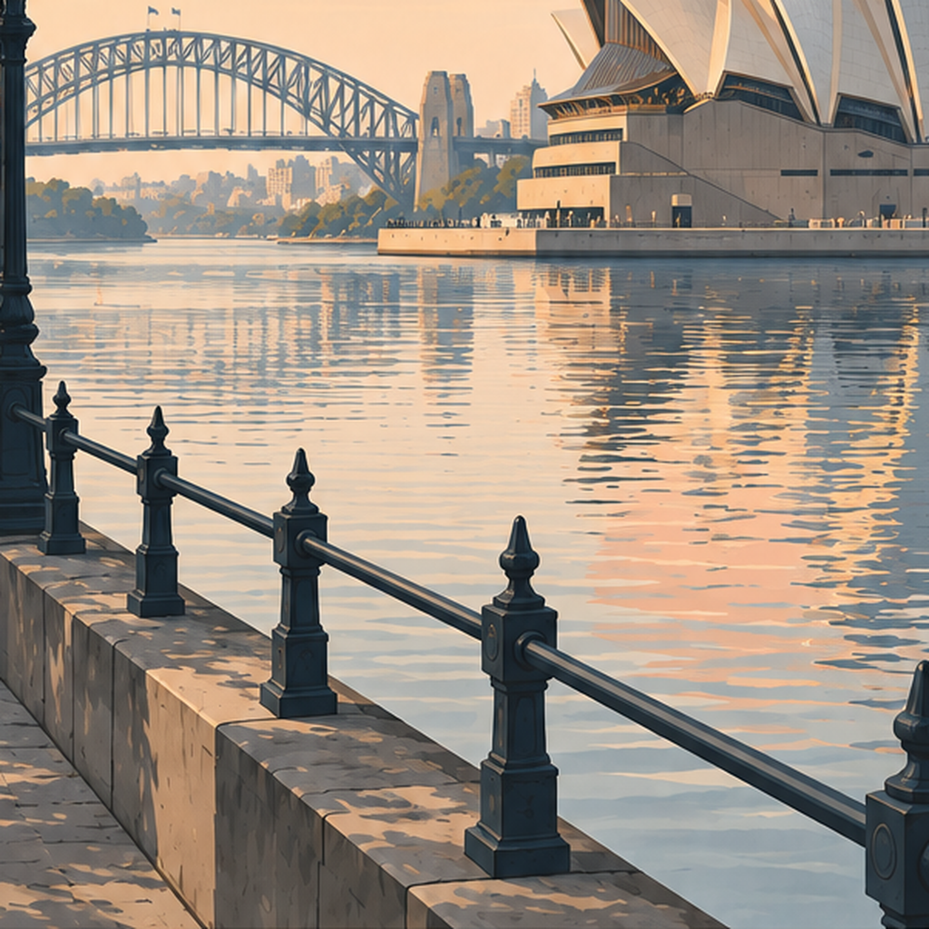 Sydney Şehir Manzarası Retro Pastel Poster Baskı — baskının yakın çekimi, kâğıt dokusu ve renk detayı