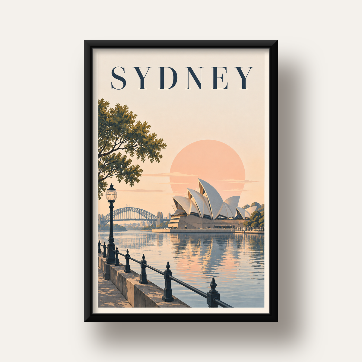 Sydney Şehir Manzarası Retro Pastel Poster Baskı — siyah derin çerçeveli