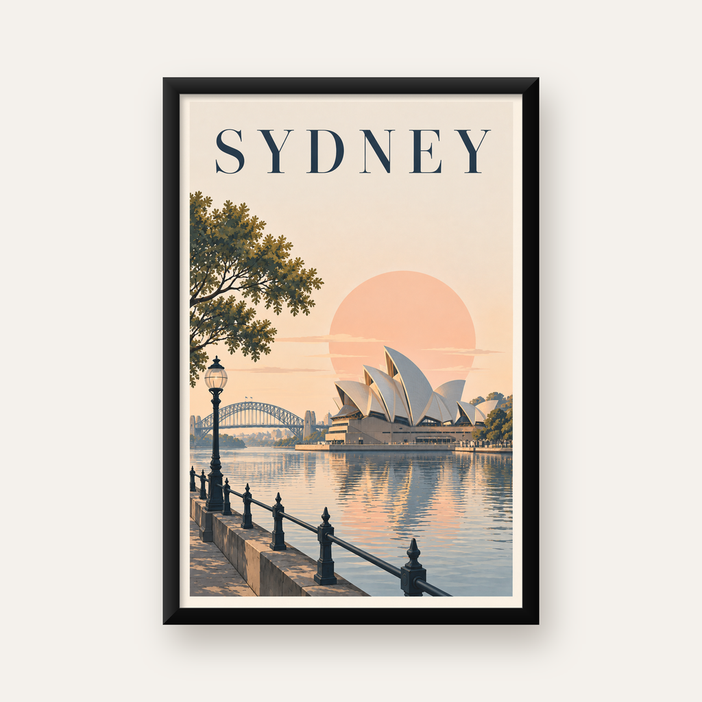 Sydney Şehir Manzarası Retro Pastel Poster Baskı — Dikey baskı, düz siyah çerçeveli duvar posteri