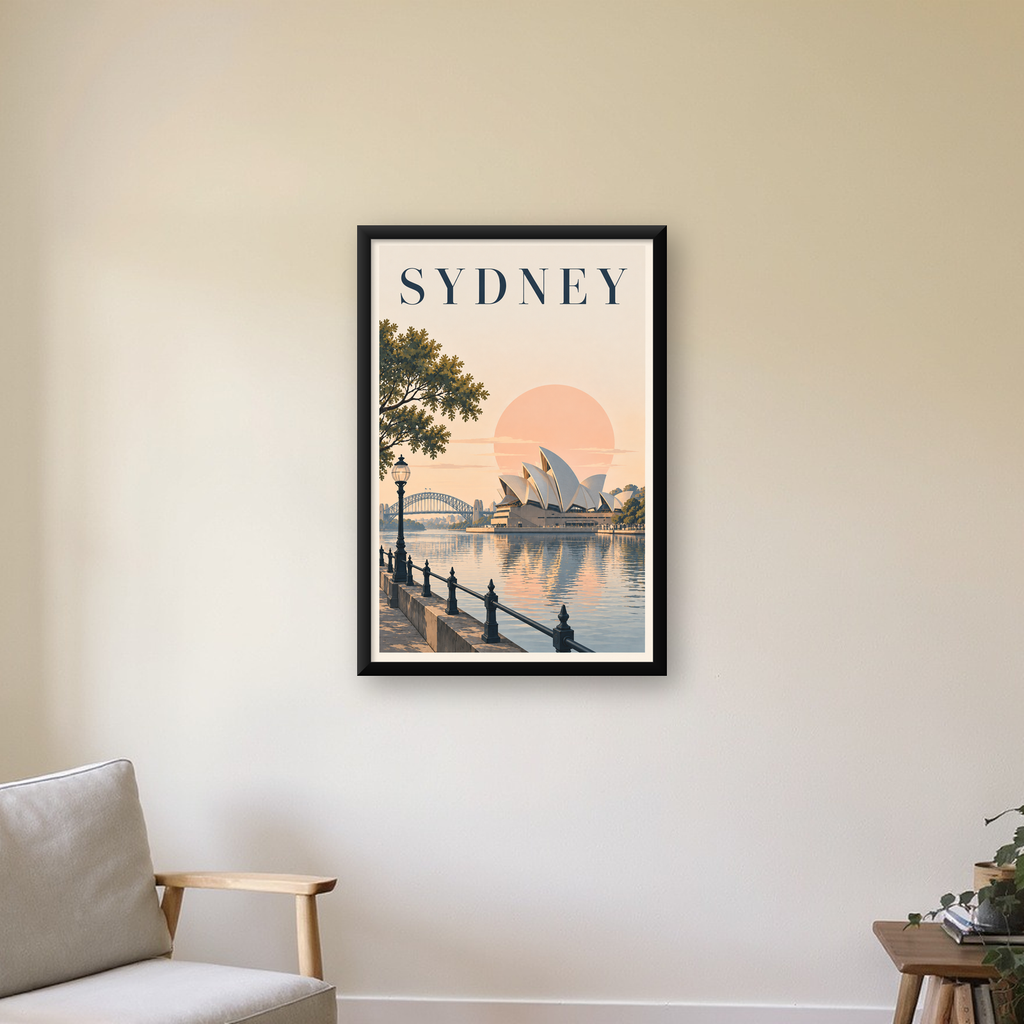 Sydney Şehir Manzarası Retro Pastel Poster Baskı — Dikey baskı, çerçeveli hâliyle bir ev duvarında