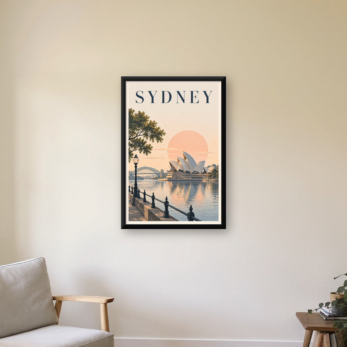 Sydney Şehir Manzarası Retro Pastel Poster Baskı — Dikey baskı, çerçeveli hâliyle bir ev duvarında