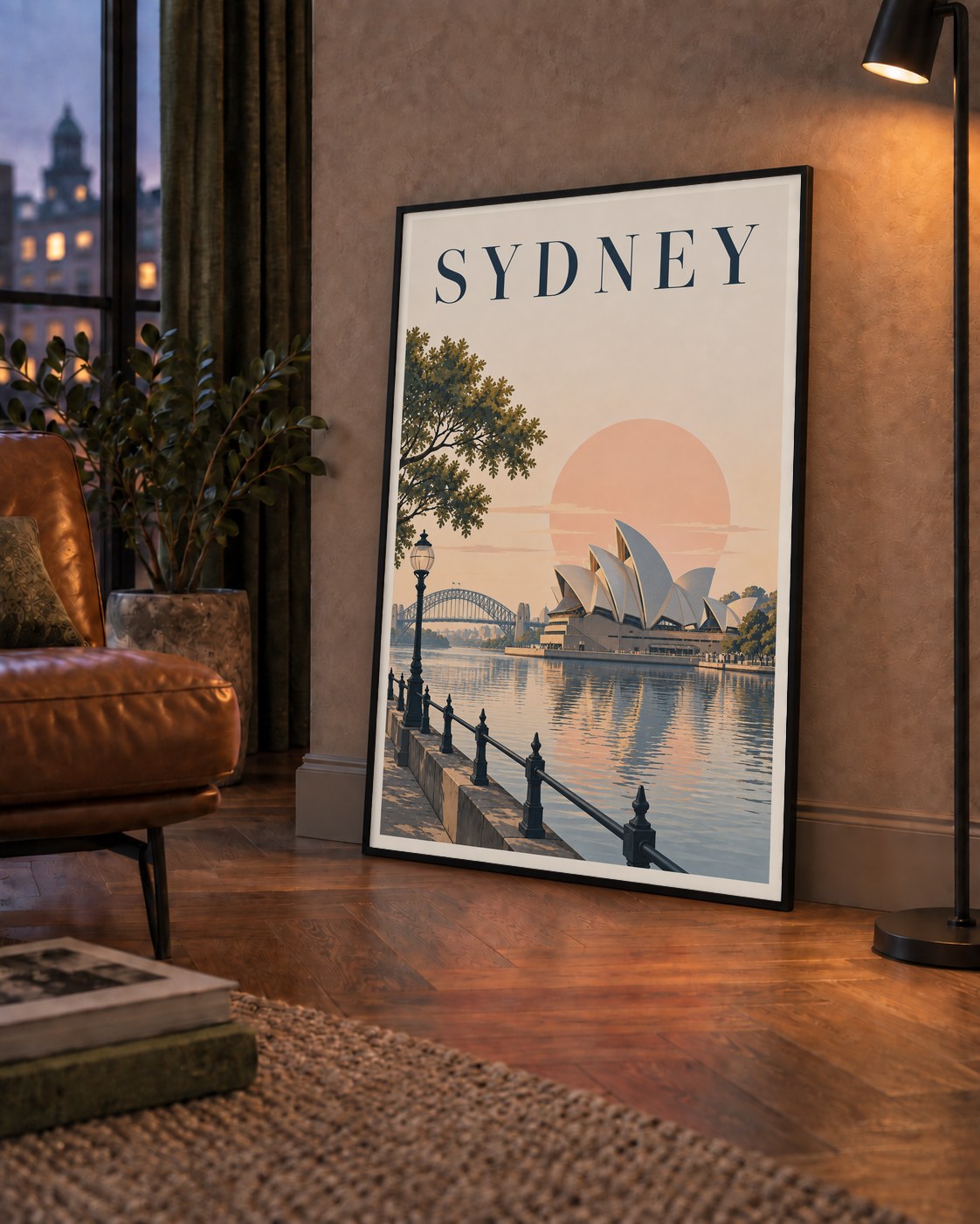 Sydney Şehir Manzarası Retro Pastel Poster Baskı — çerçeveli hâliyle bir ev duvarında