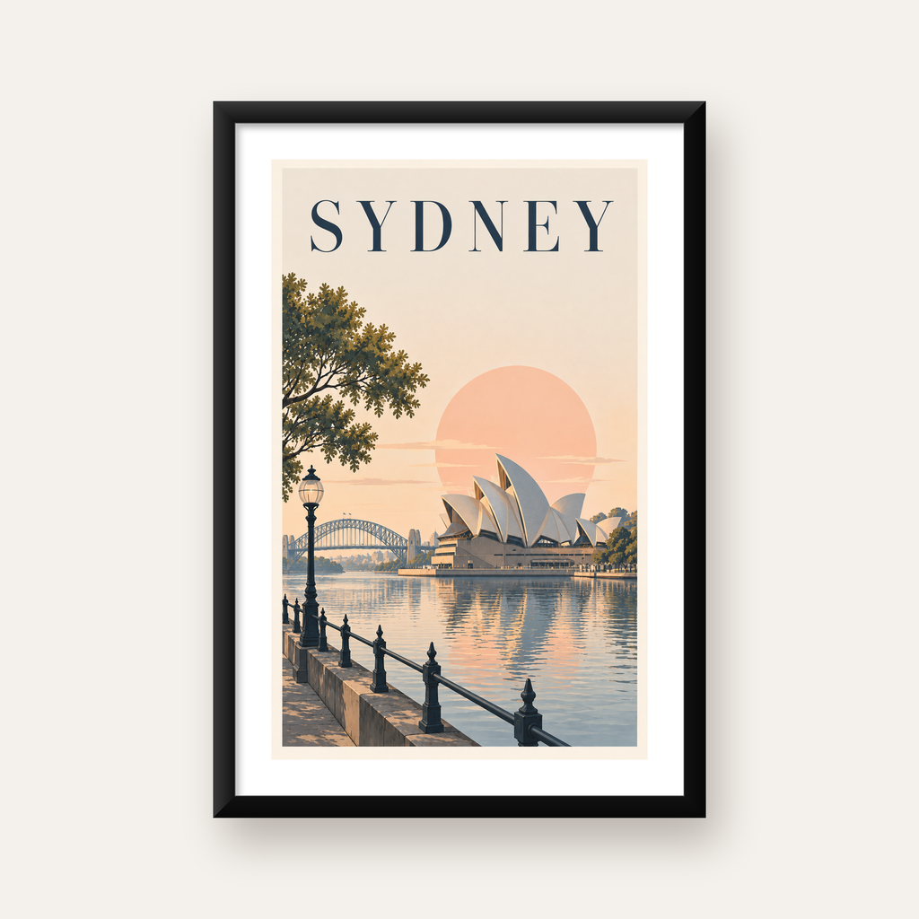 Sydney Şehir Manzarası Retro Pastel Poster Baskı — Dikey baskı, beyaz paspartulu