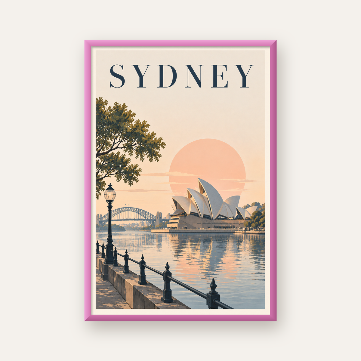 Sydney Şehir Manzarası Retro Pastel Poster Baskı — pembe çerçeveli