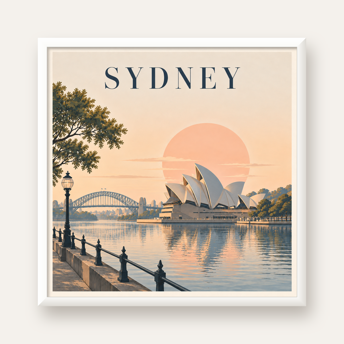 Sydney Şehir Manzarası Retro Pastel Poster Baskı — beyaz çerçeveli kare poster