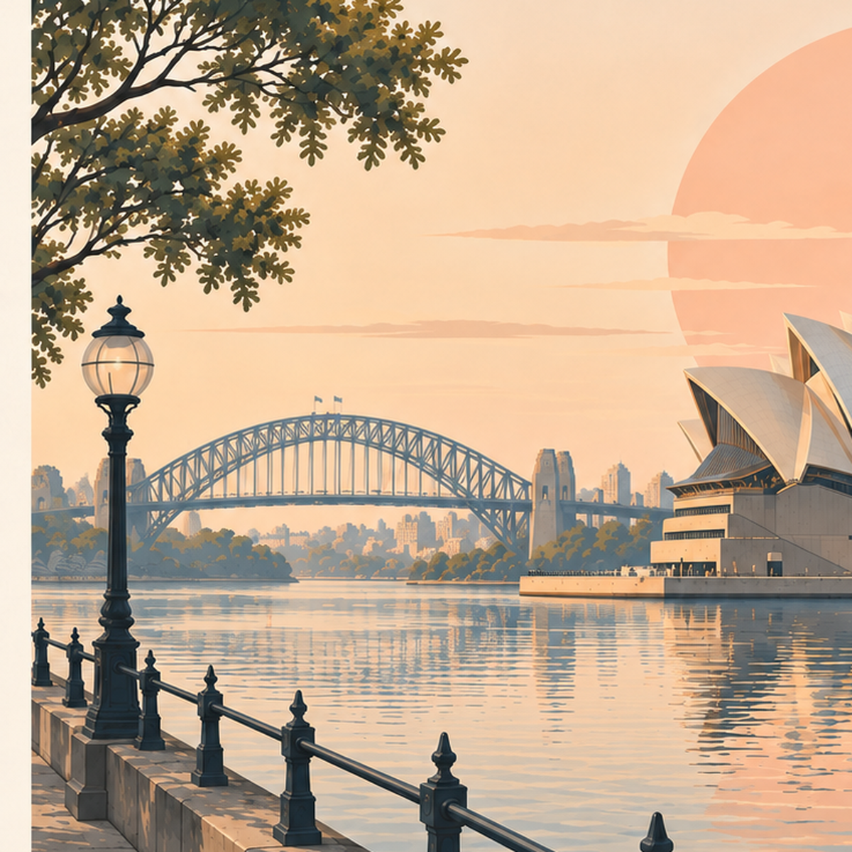 Sydney Şehir Manzarası Retro Pastel Poster Baskı — baskının yakın çekimi, kâğıt dokusu ve renk detayı