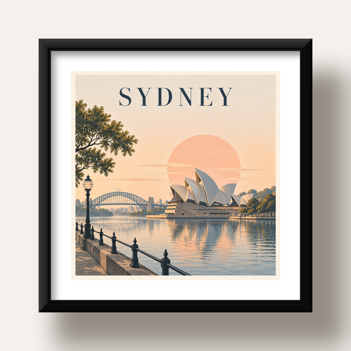 Sydney Şehir Manzarası Retro Pastel Poster Baskı — siyah derin çerçeveli paspartulu