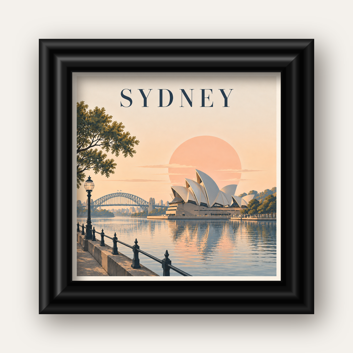 Sydney Şehir Manzarası Retro Pastel Poster Baskı — siyah galeri çerçeveli