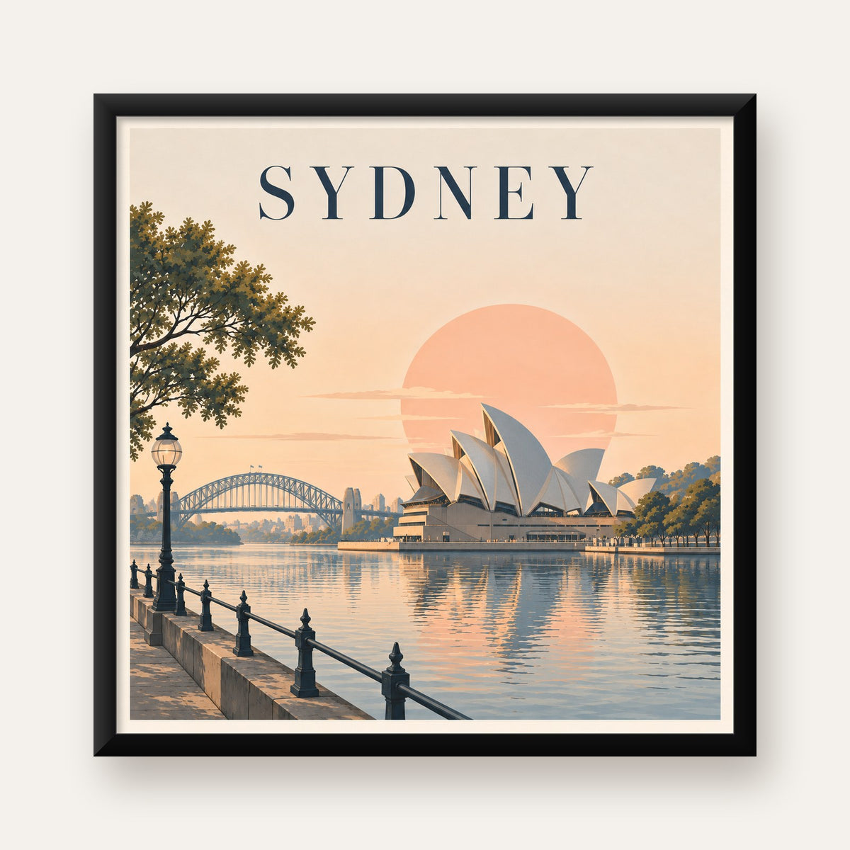 Sydney Şehir Manzarası Retro Pastel Poster Baskı — Kare baskı, düz siyah çerçeveli duvar posteri