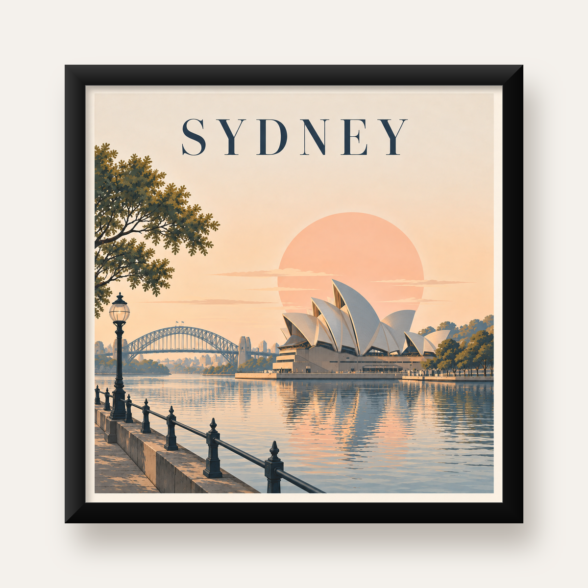 Sydney Şehir Manzarası Retro Pastel Poster Baskı — Kare baskı, düz siyah çerçeveli duvar posteri