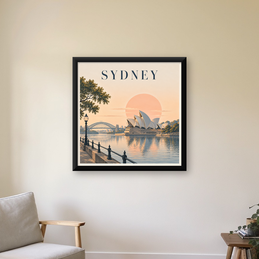 Sydney Şehir Manzarası Retro Pastel Poster Baskı — Kare baskı, çerçeveli hâliyle bir ev duvarında