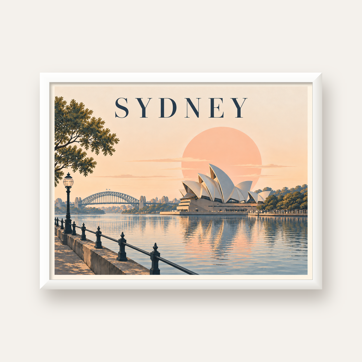 Sydney Şehir Manzarası Retro Pastel Poster Baskı — beyaz çerçeveli yatay poster