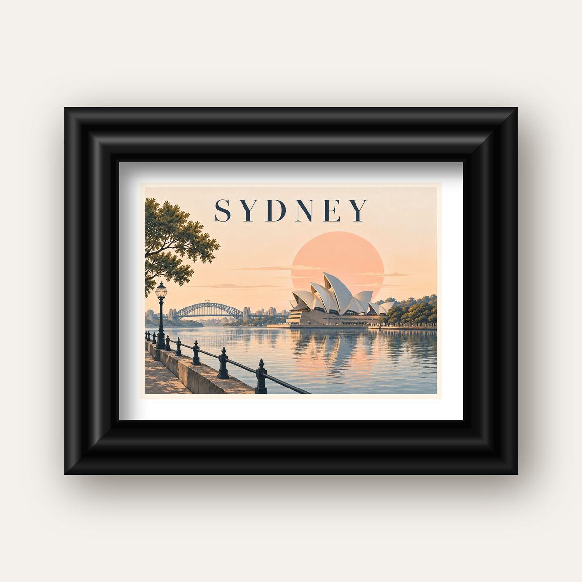 Sydney Şehir Manzarası Retro Pastel Poster Baskı — siyah galeri çerçeveli paspartulu