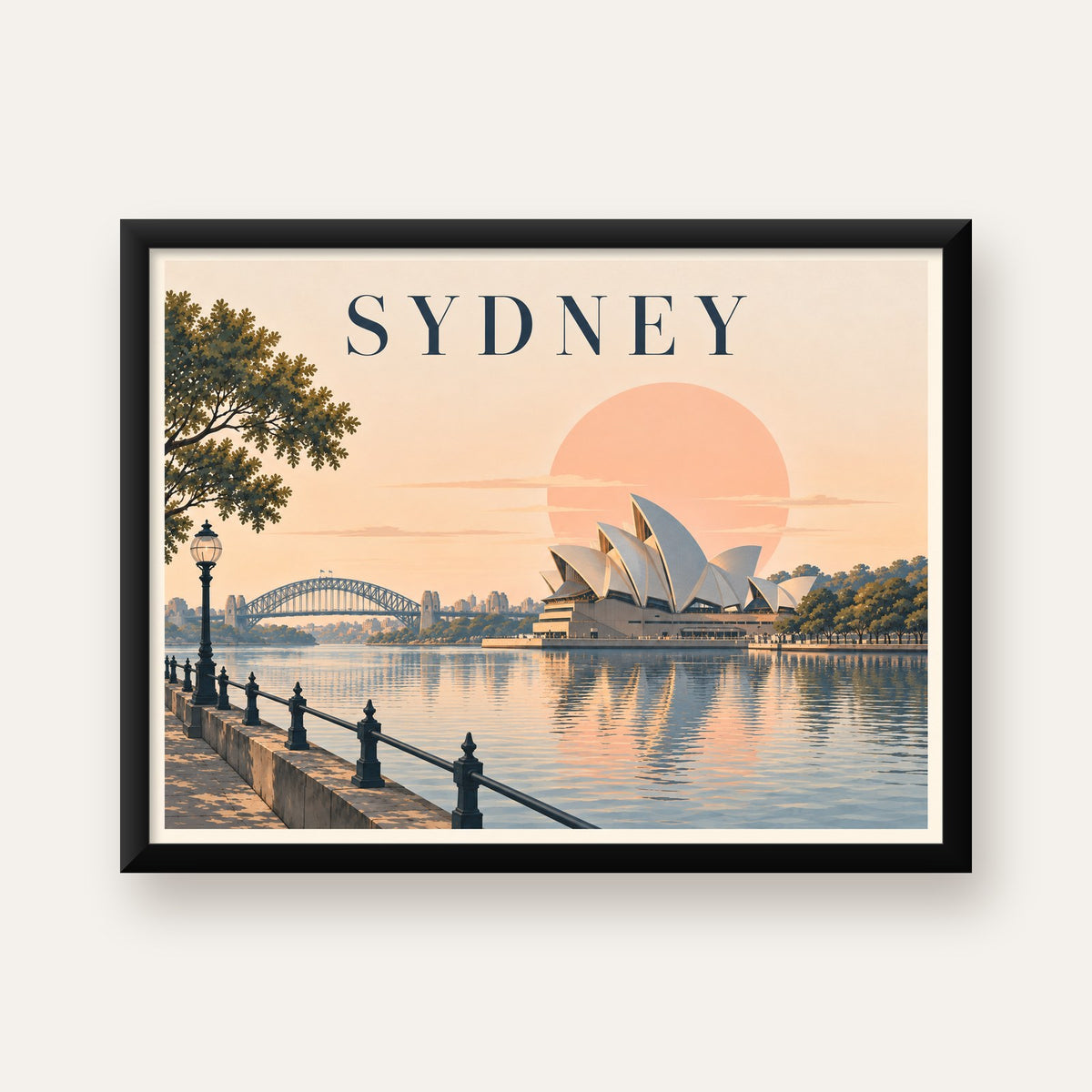 Sydney Şehir Manzarası Retro Pastel Poster Baskı — Yatay baskı, düz siyah çerçeveli duvar posteri