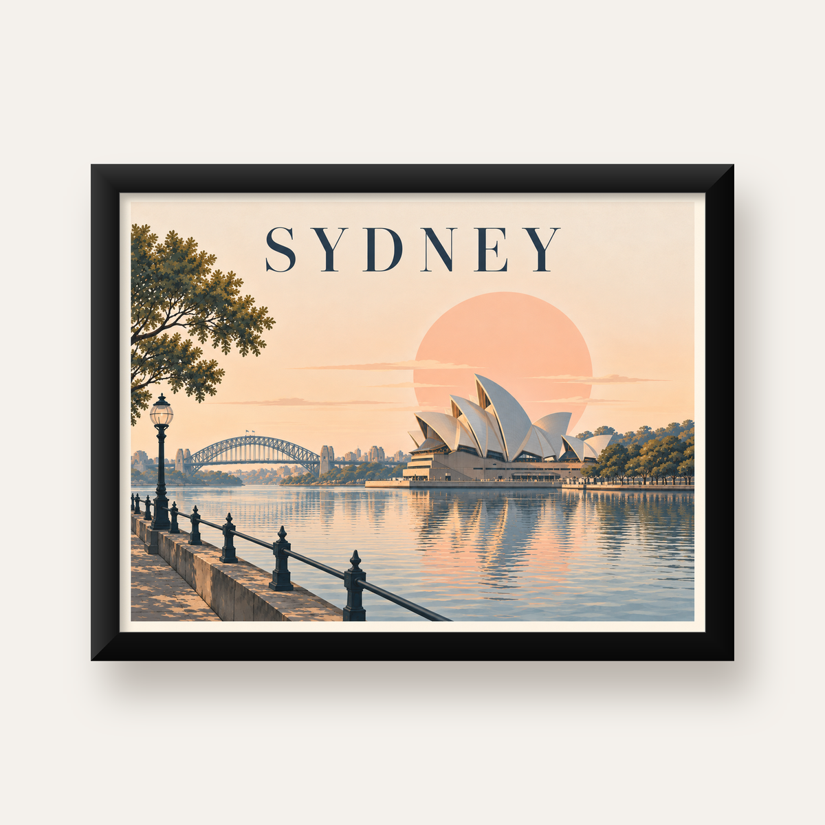 Sydney Şehir Manzarası Retro Pastel Poster Baskı — Yatay baskı, düz siyah çerçeveli duvar posteri
