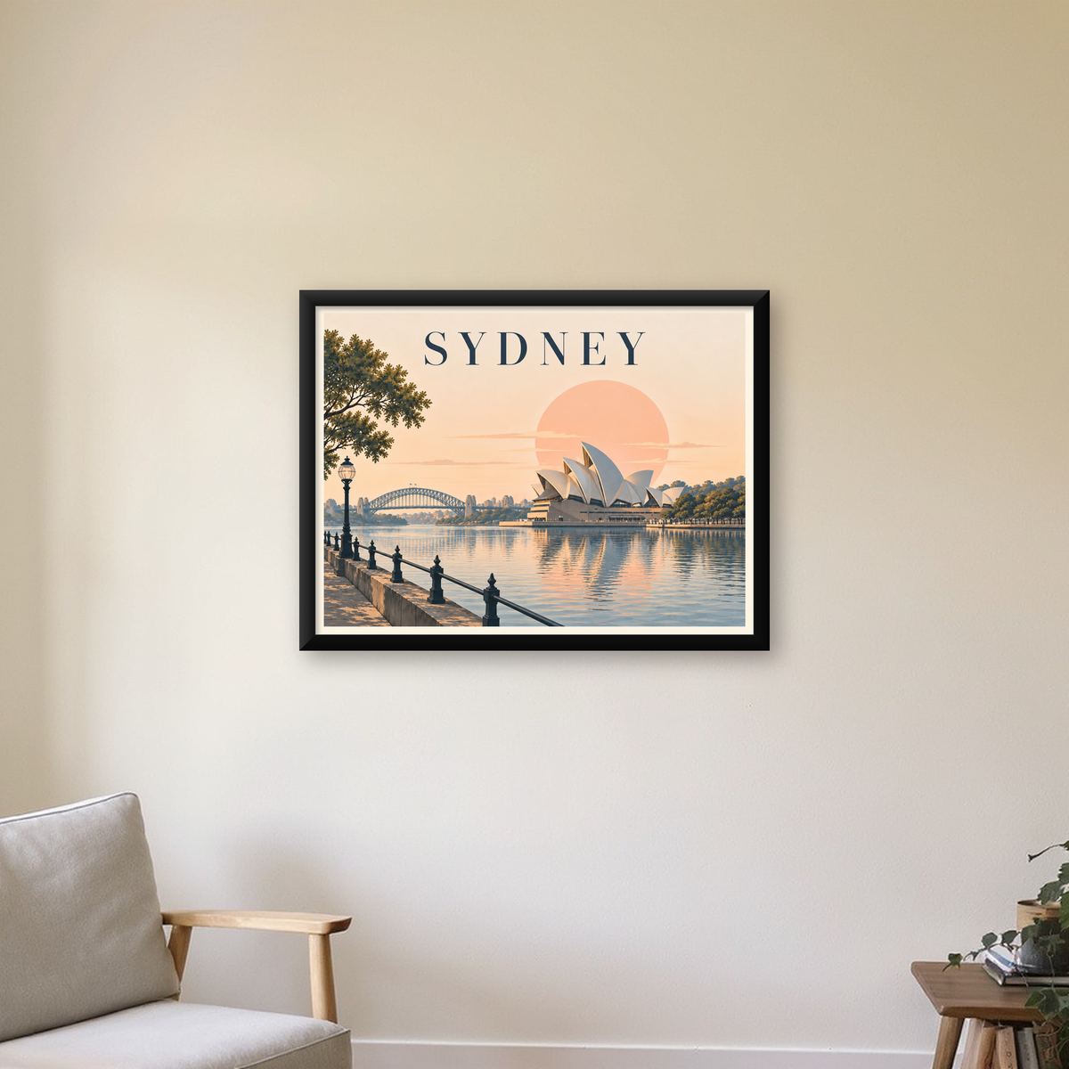 Sydney Şehir Manzarası Retro Pastel Poster Baskı — Yatay baskı, çerçeveli hâliyle bir ev duvarında