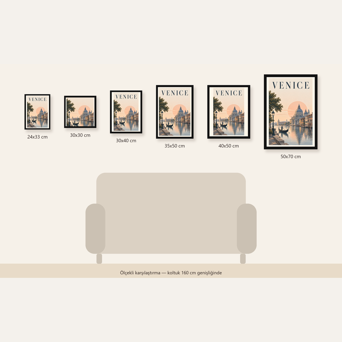 Venice – Romantik Venedik Manzarası Dijital Poster — Dikey ölçülerinin karşılaştırması