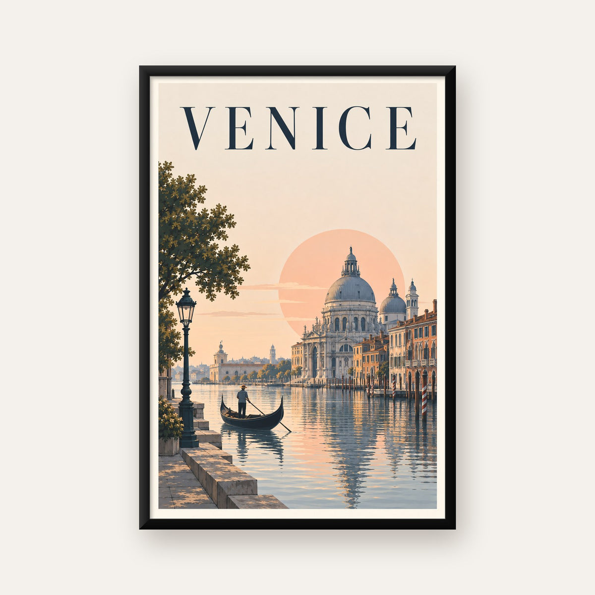 Venice – Romantik Venedik Manzarası Dijital Poster — Dikey baskı, düz siyah çerçeveli duvar posteri