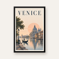 Venice – Romantik Venedik Manzarası Dijital Poster — Dikey baskı, düz siyah çerçeveli duvar posteri