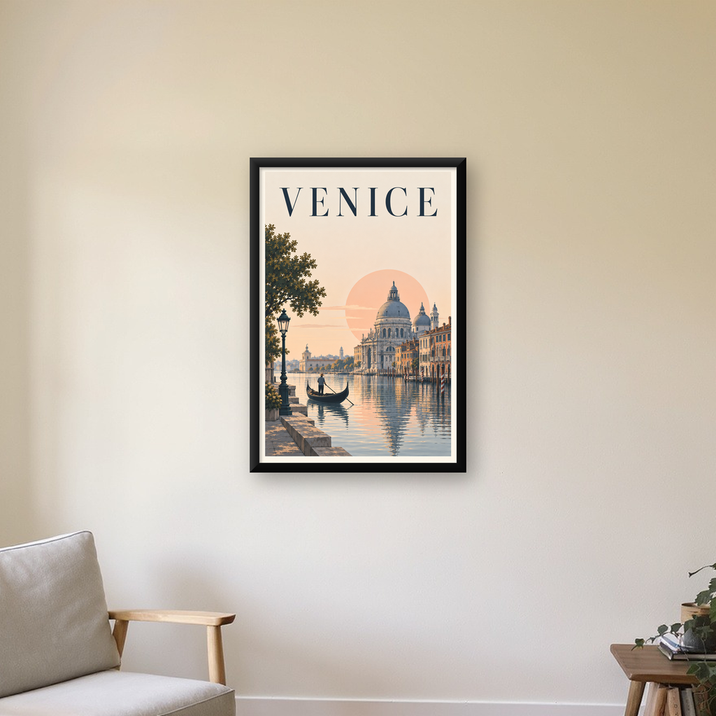 Venice – Romantik Venedik Manzarası Dijital Poster — Dikey baskı, çerçeveli hâliyle bir ev duvarında