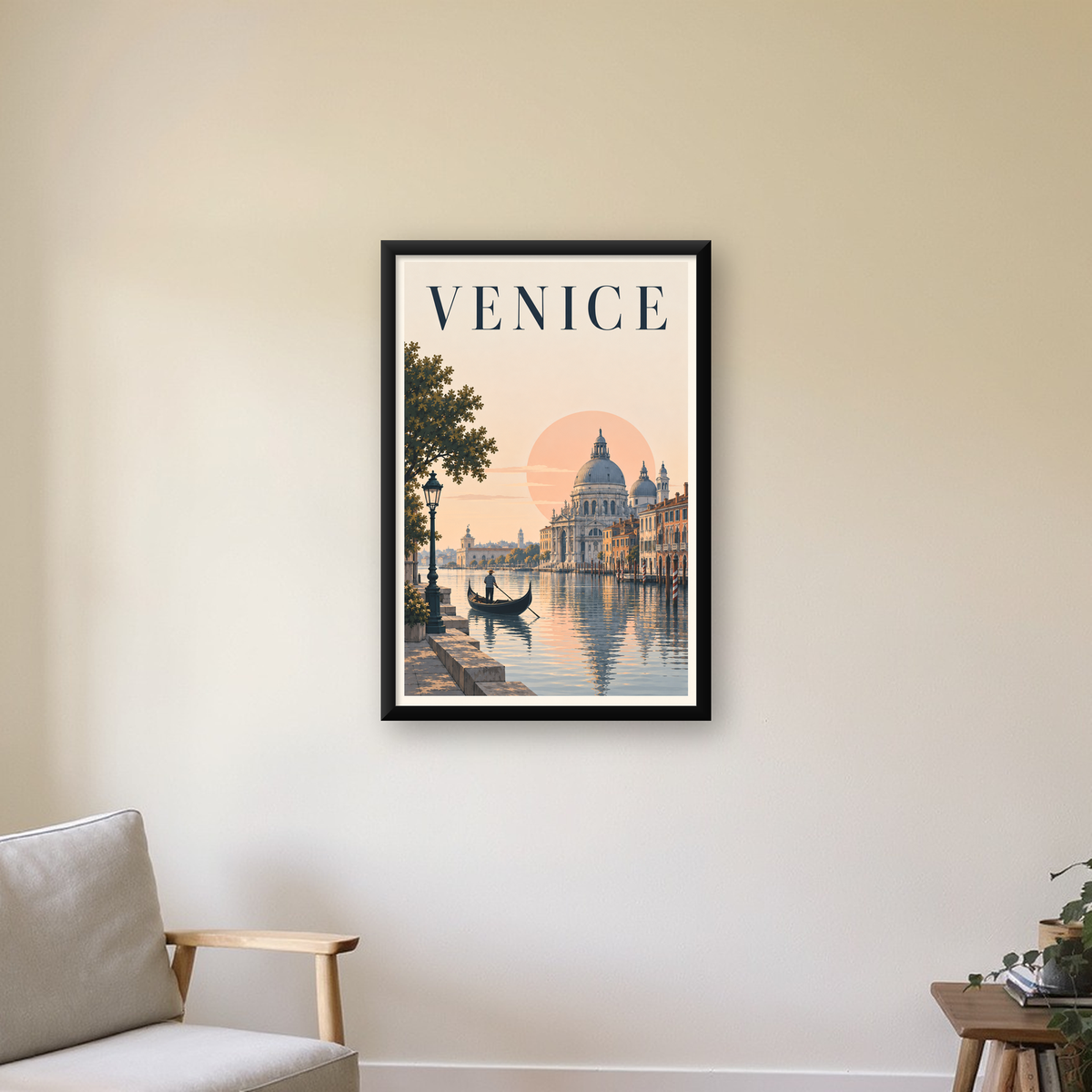 Venice – Romantik Venedik Manzarası Dijital Poster — Dikey baskı, çerçeveli hâliyle bir ev duvarında