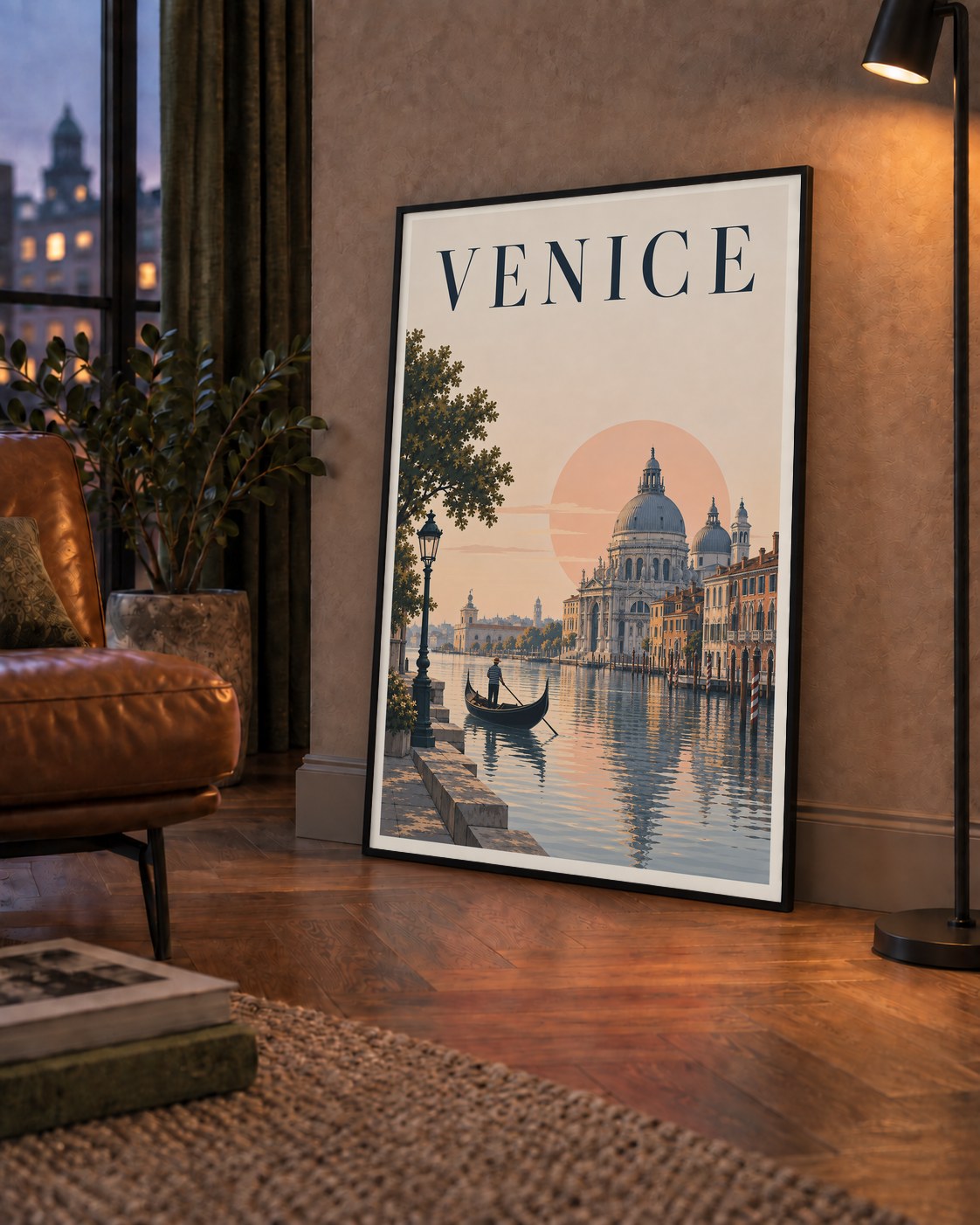 Venice – Romantik Venedik Manzarası Dijital Poster — çerçeveli hâliyle bir ev duvarında