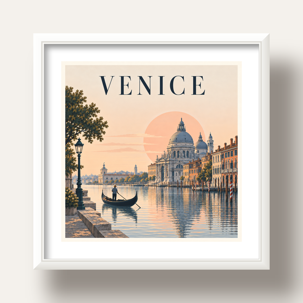 Venice – Romantik Venedik Manzarası Dijital Poster — beyaz derin çerçeveli paspartulu