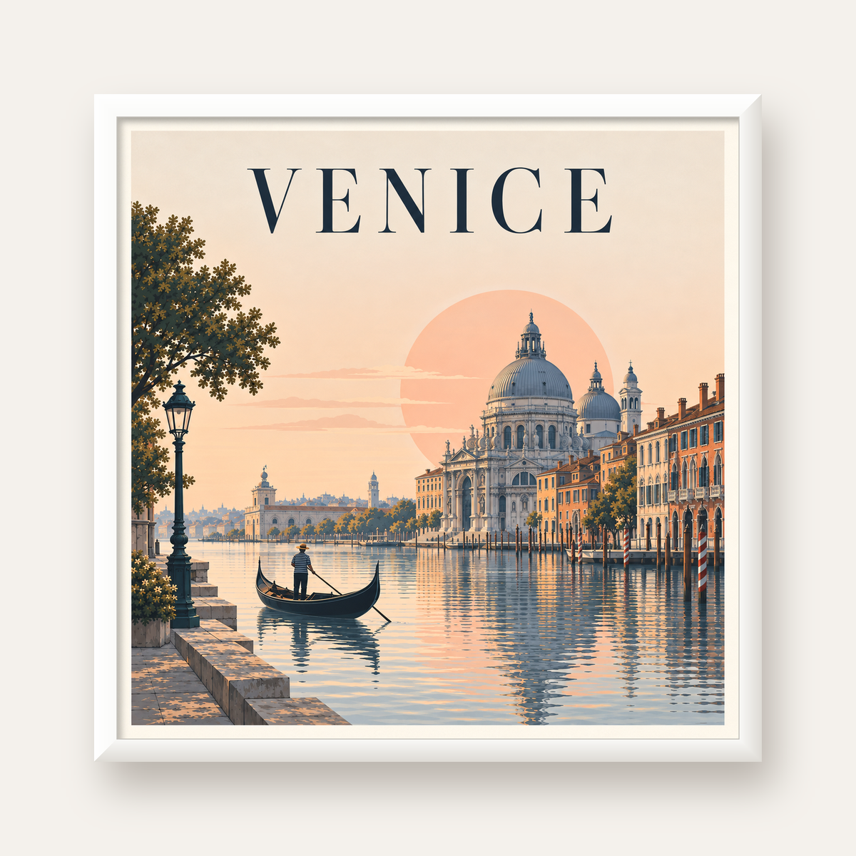 Venice – Romantik Venedik Manzarası Dijital Poster — beyaz çerçeveli kare poster