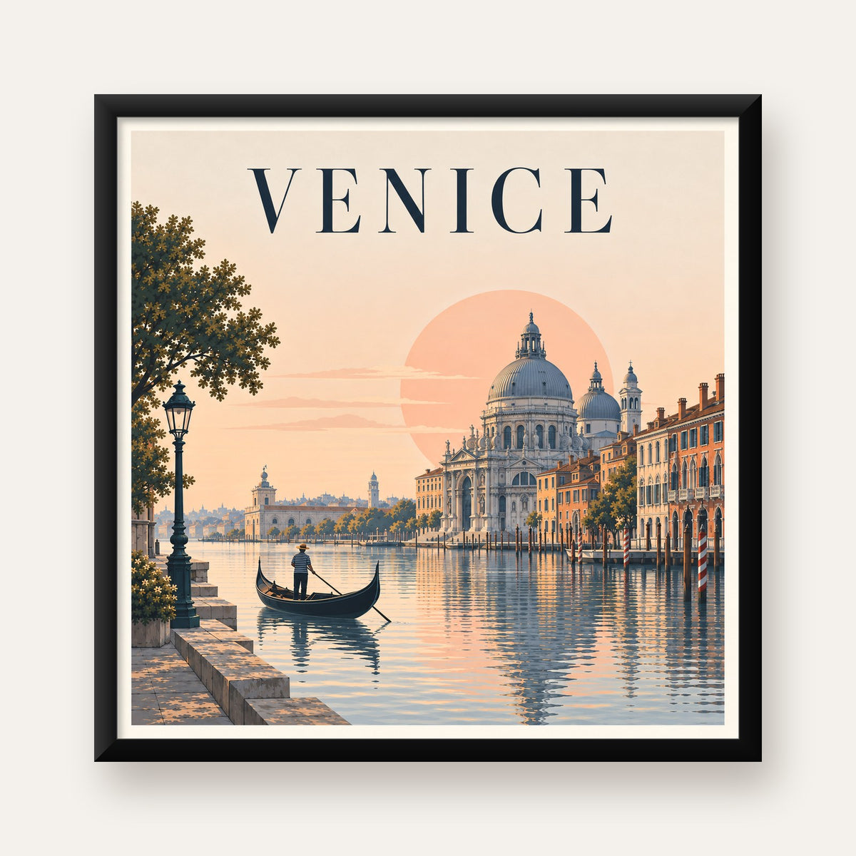 Venice – Romantik Venedik Manzarası Dijital Poster — Kare baskı, düz siyah çerçeveli duvar posteri
