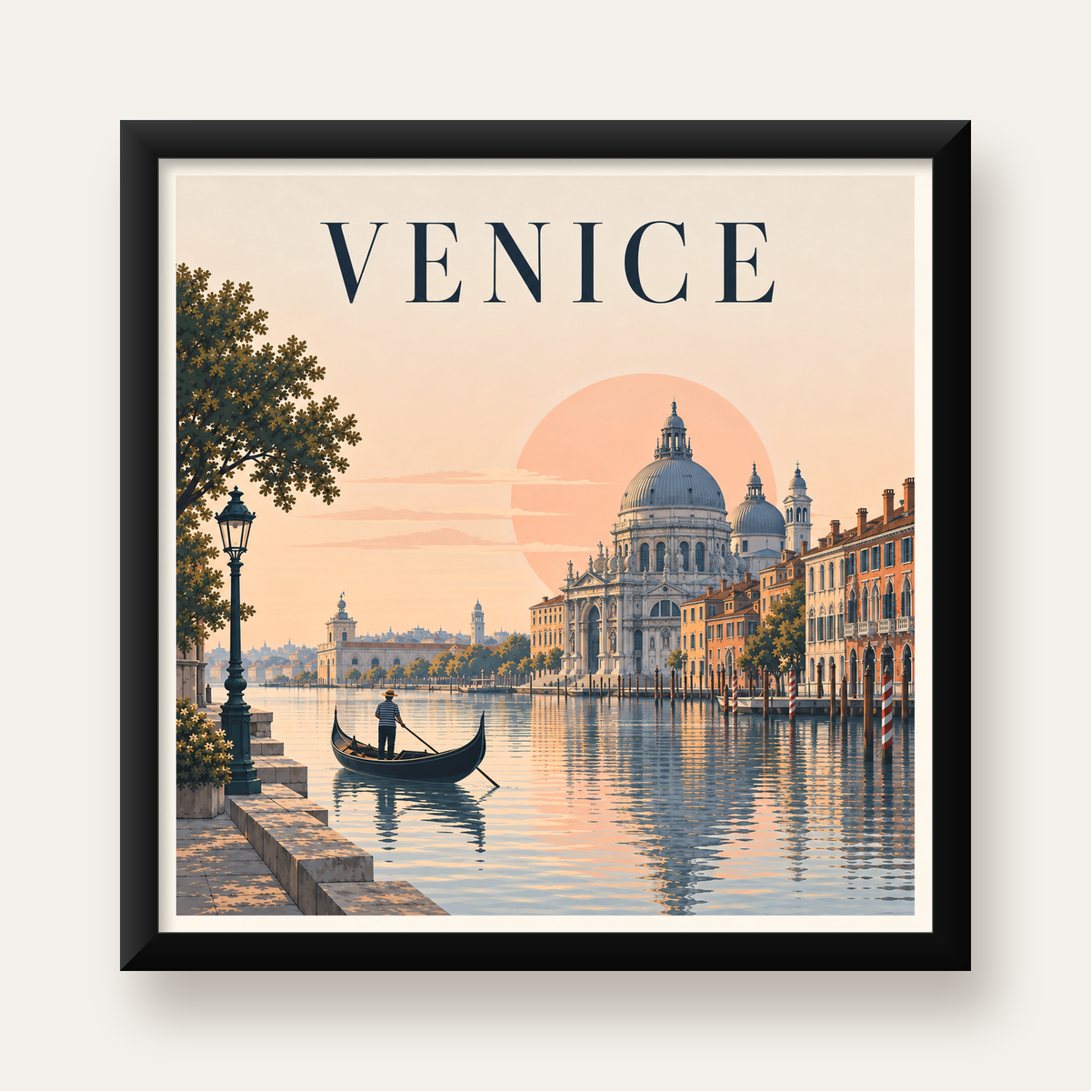 Venice – Romantik Venedik Manzarası Dijital Poster — Kare baskı, düz siyah çerçeveli duvar posteri