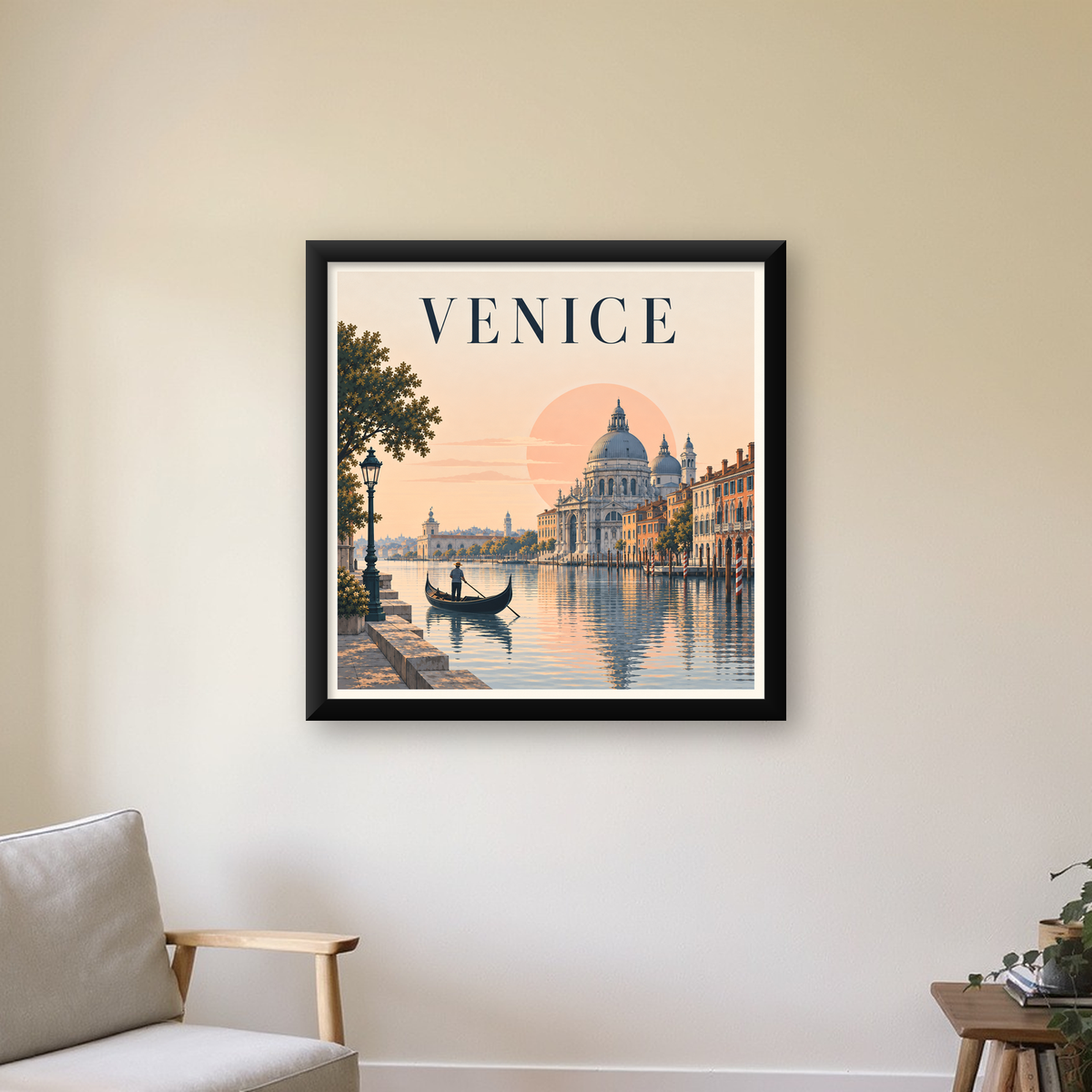 Venice – Romantik Venedik Manzarası Dijital Poster — Kare baskı, çerçeveli hâliyle bir ev duvarında