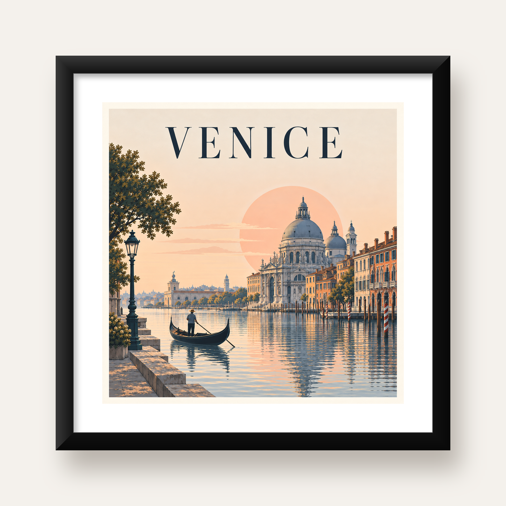 Venice – Romantik Venedik Manzarası Dijital Poster — Kare baskı, beyaz paspartulu