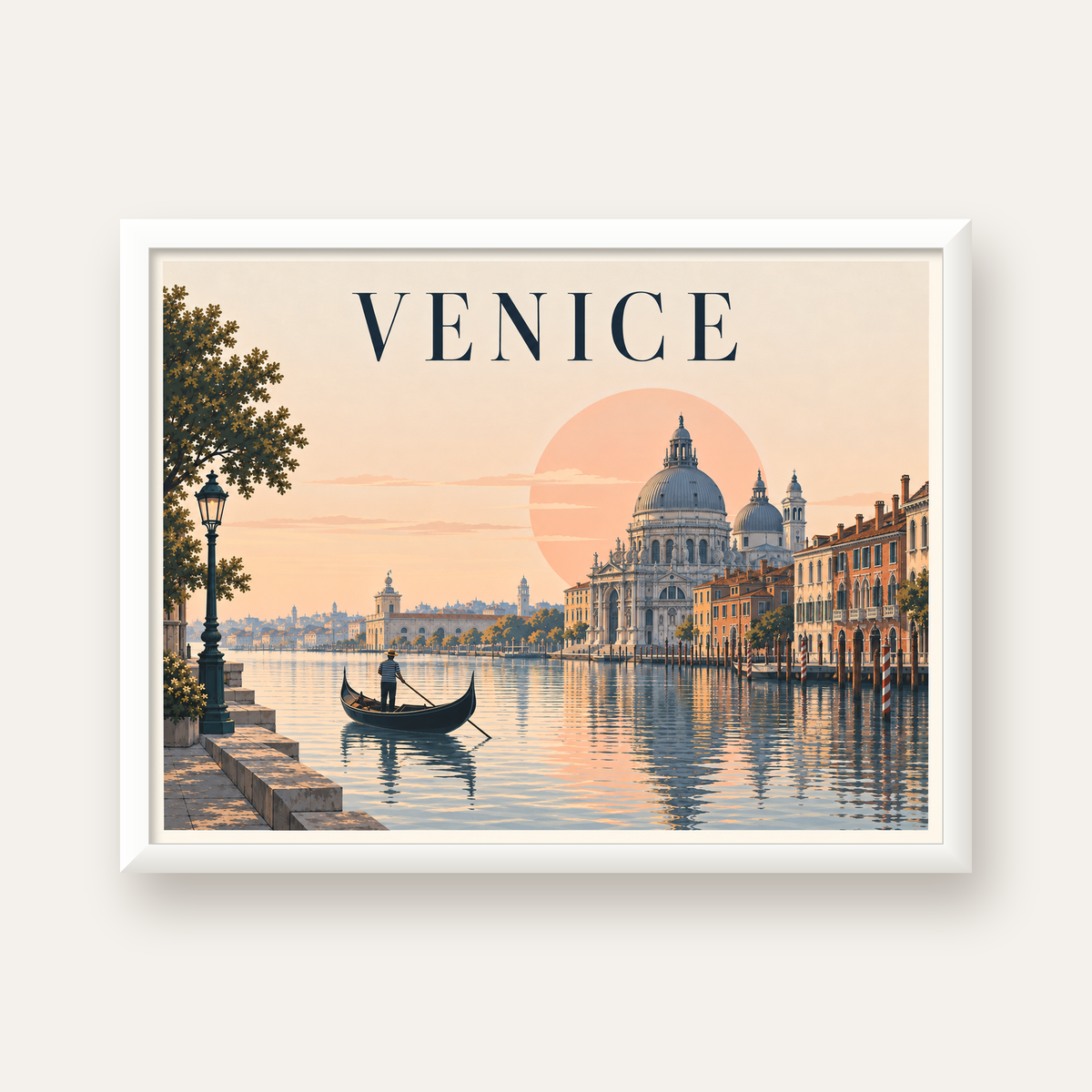 Venice – Romantik Venedik Manzarası Dijital Poster — beyaz çerçeveli yatay poster