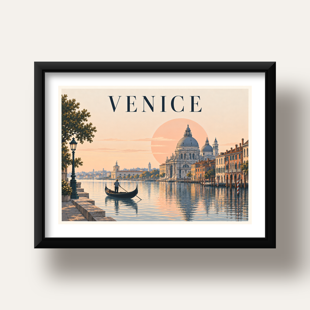 Venice – Romantik Venedik Manzarası Dijital Poster — siyah derin çerçeveli paspartulu