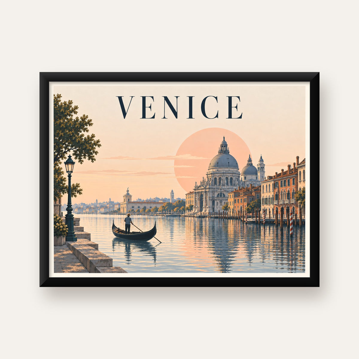 Venice – Romantik Venedik Manzarası Dijital Poster — Yatay baskı, düz siyah çerçeveli duvar posteri