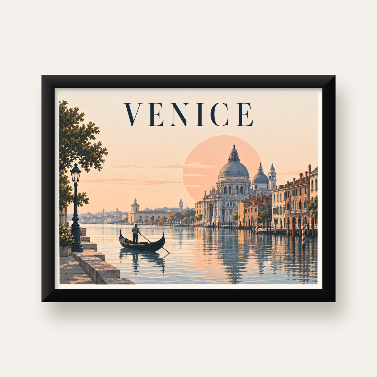 Venice – Romantik Venedik Manzarası Dijital Poster — Yatay baskı, düz siyah çerçeveli duvar posteri