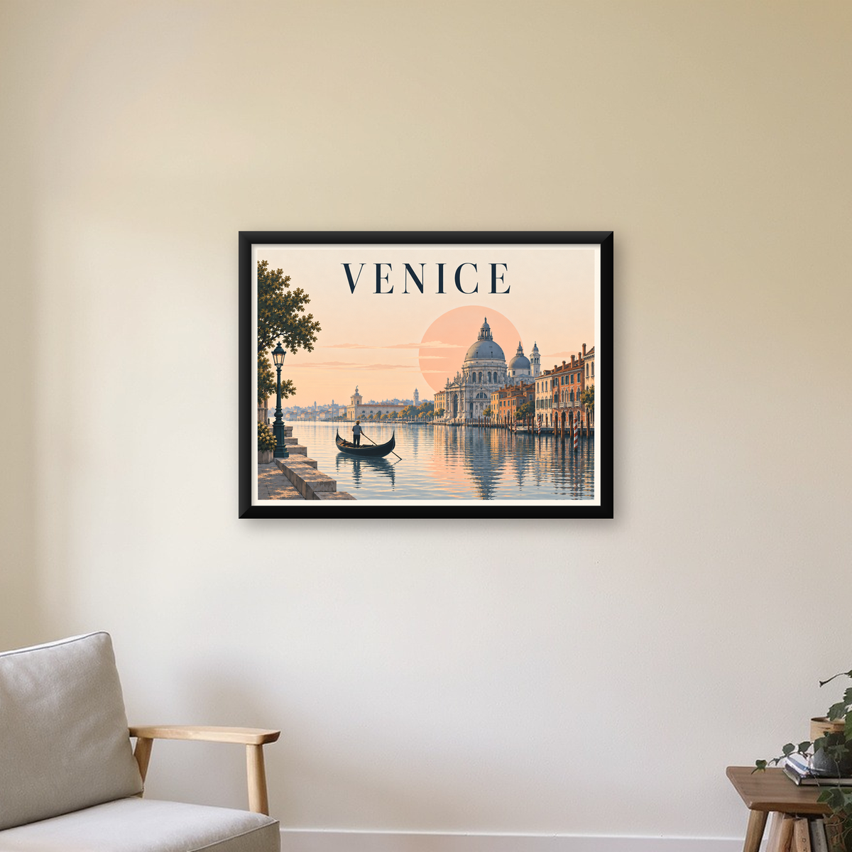 Venice – Romantik Venedik Manzarası Dijital Poster — Yatay baskı, çerçeveli hâliyle bir ev duvarında