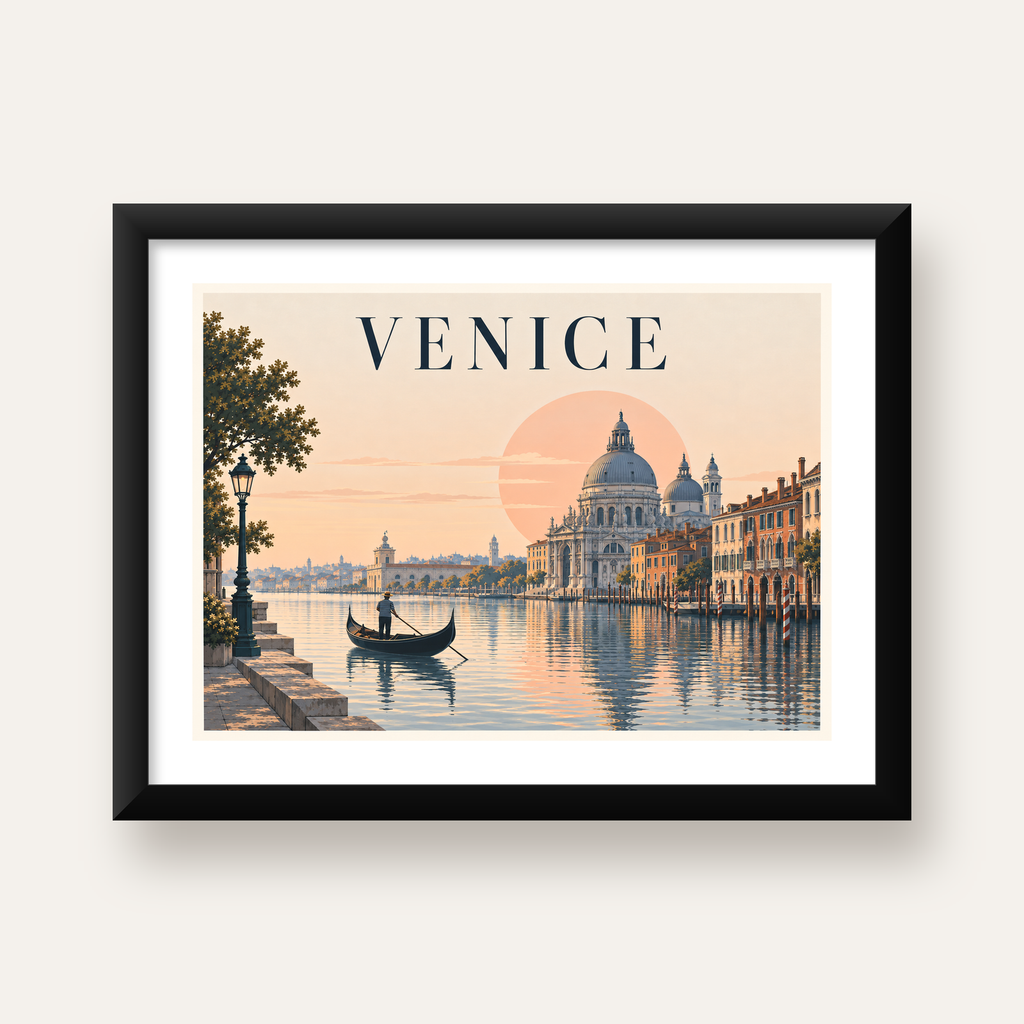 Venice – Romantik Venedik Manzarası Dijital Poster — Yatay baskı, beyaz paspartulu