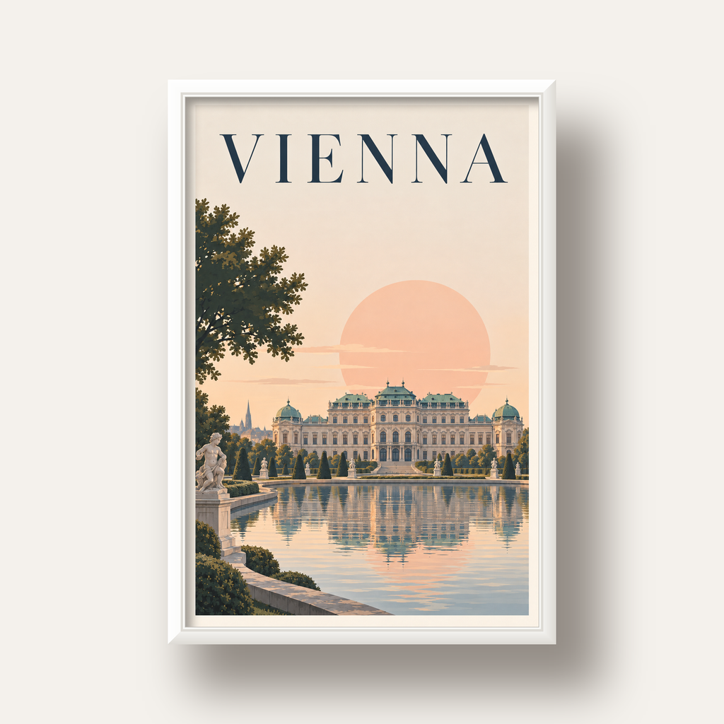 Viyana Saray Manzarası Pastel Poster – Dijital İllüstrasyon — beyaz derin çerçeveli