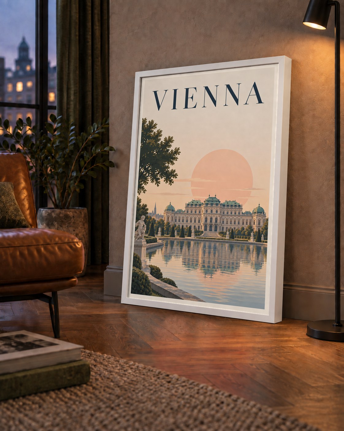 Viyana Saray Manzarası Pastel Poster – Dijital İllüstrasyon — çerçeveli hâliyle bir ev duvarında